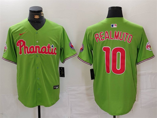Men's Philadelphia Phillies #10 J.T. Realmuto Green With Patch Stitched Jersey Men's Philadelphia Phillies #10 J.T. Realmuto Green With Patch Stitched Jersey
